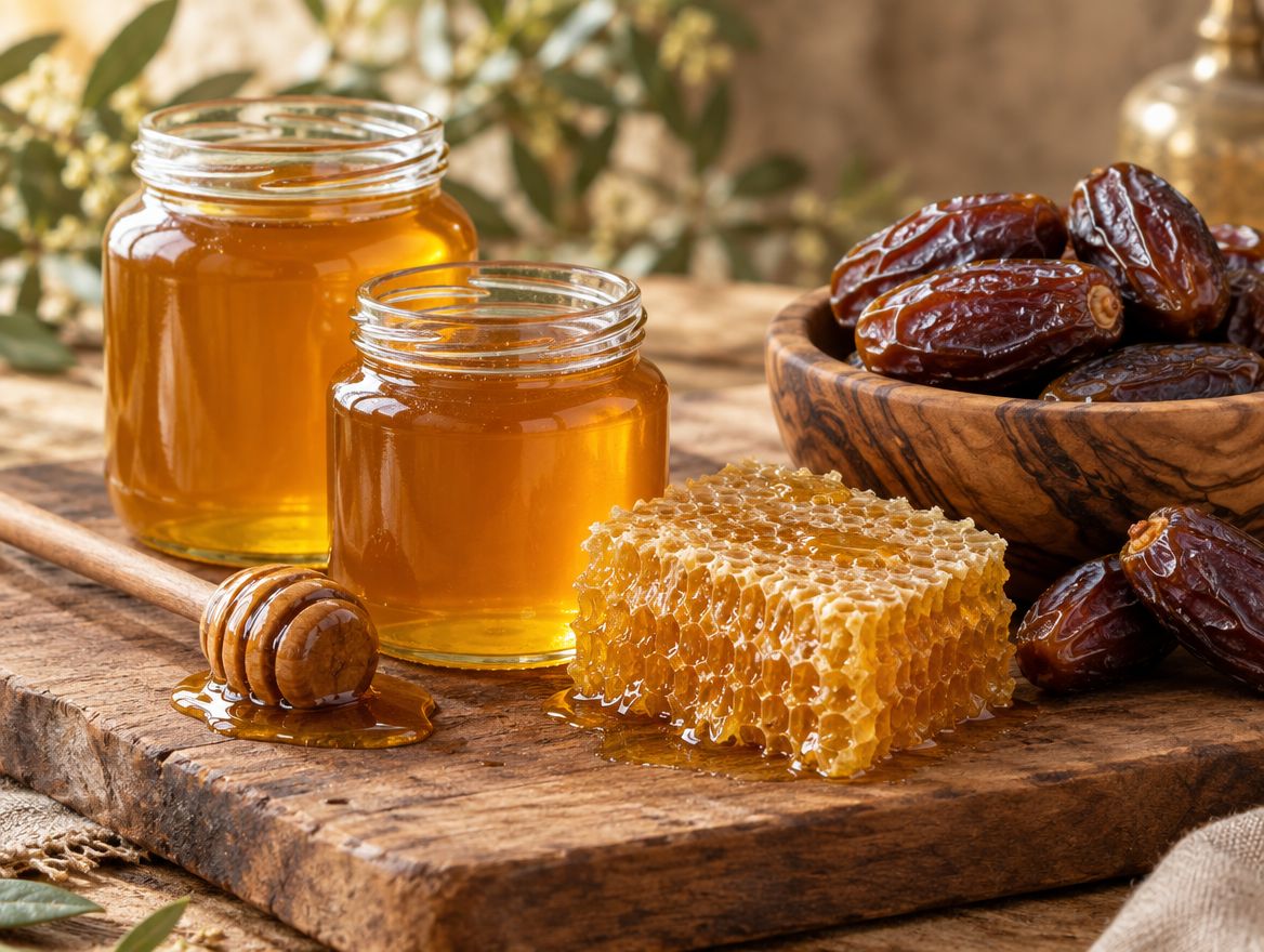 Two jars of honey, a piece of honeycomb and a wooden bowl of dates on a board