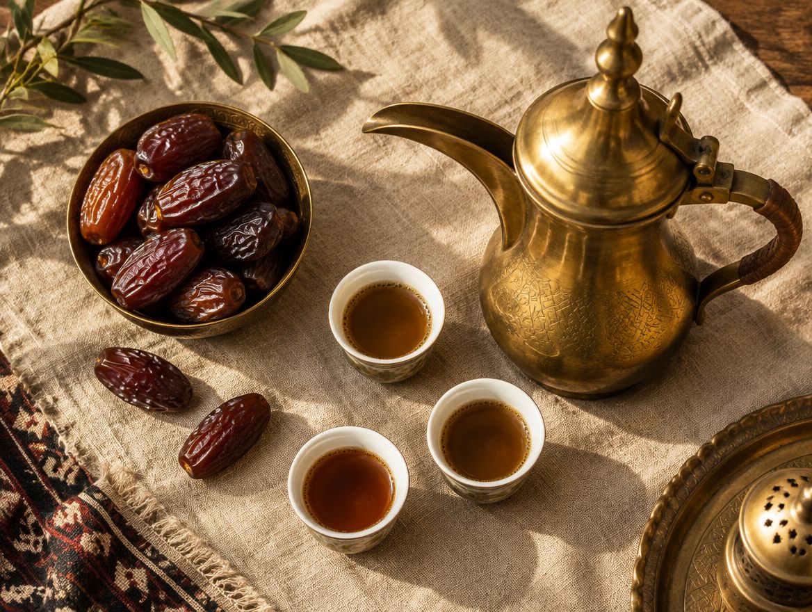 A brass dallah, three cups of coffee and a bowl of dates on linen